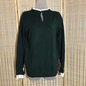 Vila Milano Dark Forest Green Sweater With White Faux Shirt Collar Cuffs Medium
